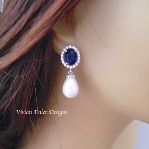 PEARL Earrings SAPPHIRE BLUE BridalTear Drop pearl CZ Wedding Prom HANDMADE